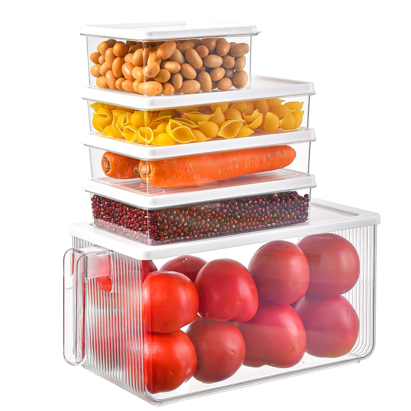 Bokelai Paquete de 5 organizadores de refrigerador, recipientes transparentes para almacenamiento de alimentos con tapas y asa, contenedores apilables para refrigerador, contenedores organizadores