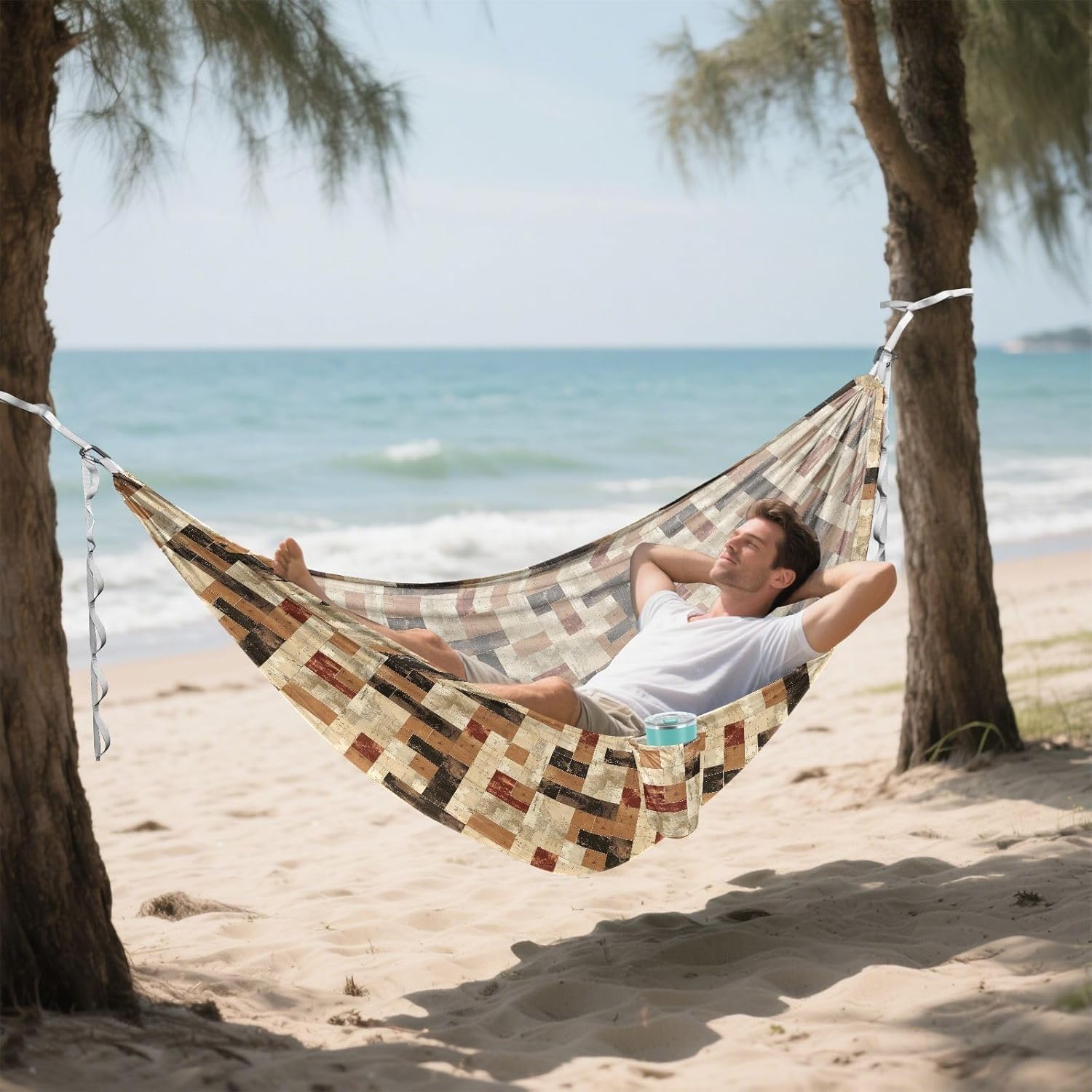 Geometric Retro Plaids Hammocks for Camping with Hanging Rope Rope Hammock for Outside Patio Garden