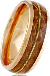 King's Cross Personalized Engraved 8mm Rose Gold Tungsten Carbide Low Dome Band Ring with Genuine Guitar String Between Whiskey Barrel Oak Wood Inlays.