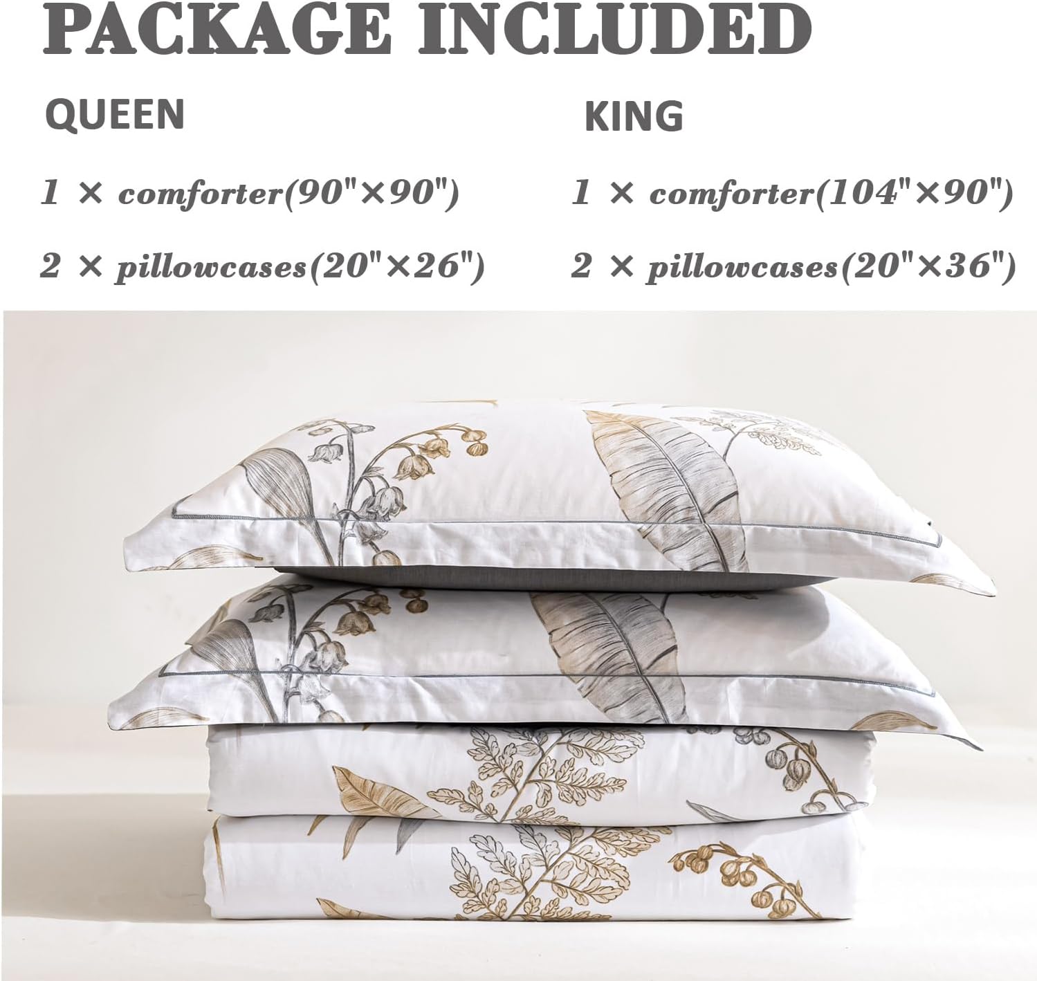 Natural Cotton 3pcs Floral Comforter Sets King Size-Gray Comforter with Luxurious Brown Branches and Taupe & Gray Leaves on White, Reversible Lightweight Bedding Sets(King 104"×90")