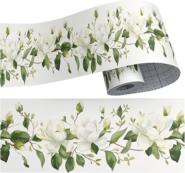 393"x4" White Green Elegant Modern Yulan Magnolia Wallpaper Border Peel and Stick Wall Border Self Adhesive Removable Vinyl Trim for Living Room Bedroom Bathroom Kitchen Cabinet Decoration