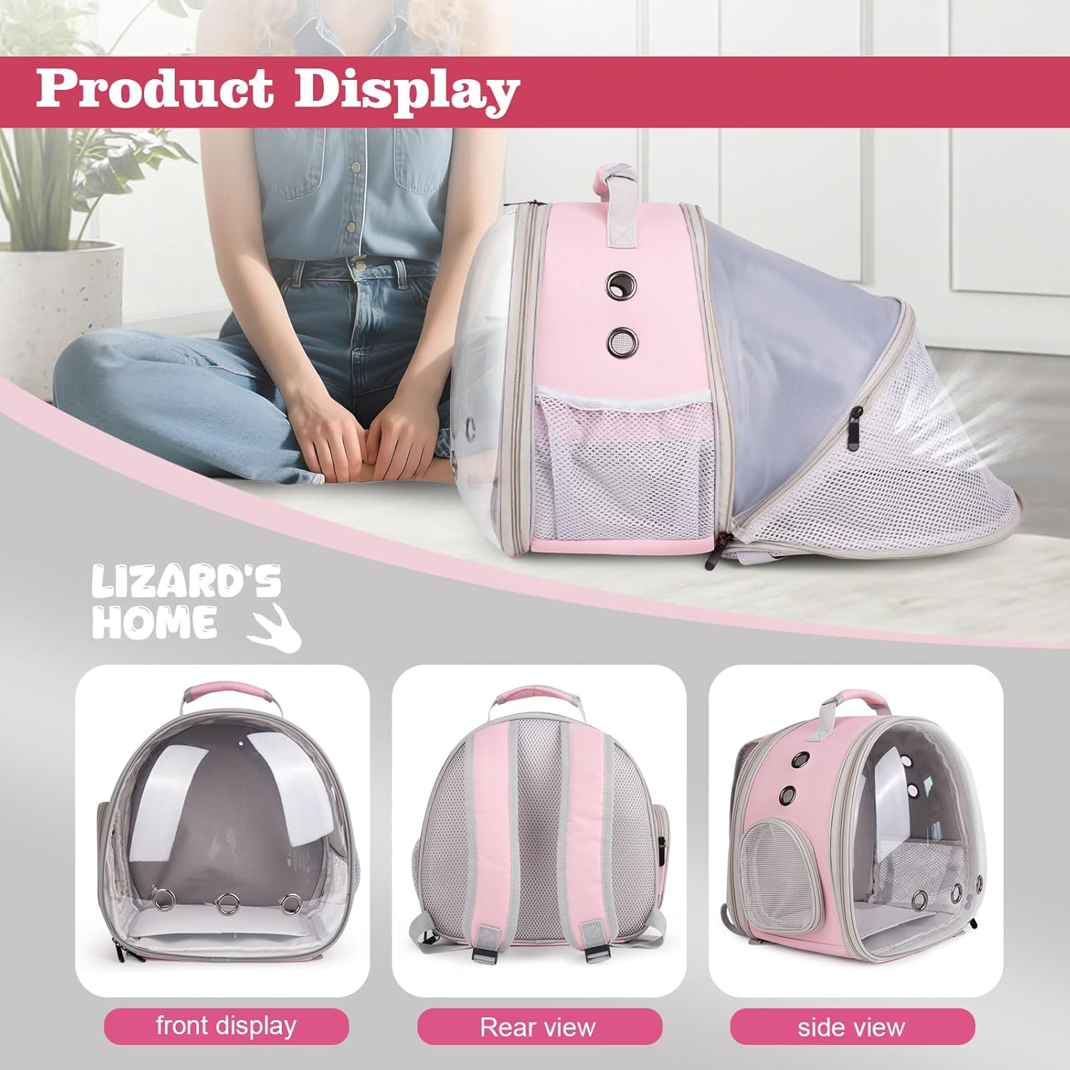 WEVONIGU Expandable Small Animal Backpack Carrier with Clear Bubble Window Large Space Travel Cage for Hedgehog Rat Parrot,Bearded Dragon,Sugar Glider,Airline Approved (Pink, BE Backpack)