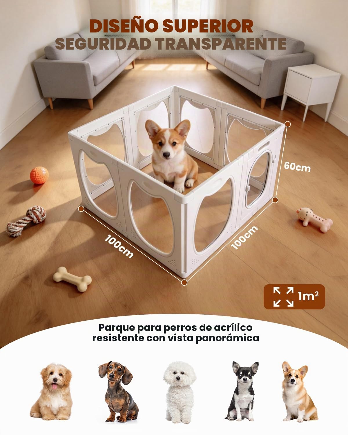 Parque para Cachorros de Acrílico Transparente con Puerta, 7+1 Recinto para Perros Interior 50 × 60 cm, Corral para Perros y Mascotas, Ventosas Antideslizantes, para Perros Pequeños, Cachorros y Gatos