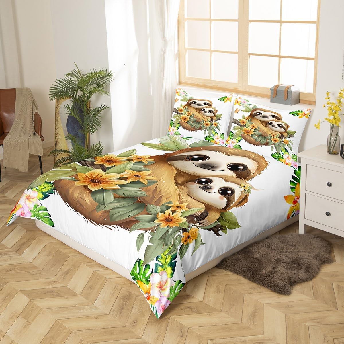 Sloth Comforter Cover For Kids, Flower Palm Leaf Duvet Cover Full, Cute Animal Lying On The Branch Bedding Set For Boys Girls Children, Cartoon Sloth Bedspread Cover Bedroom Decor, 2 Pillowcases