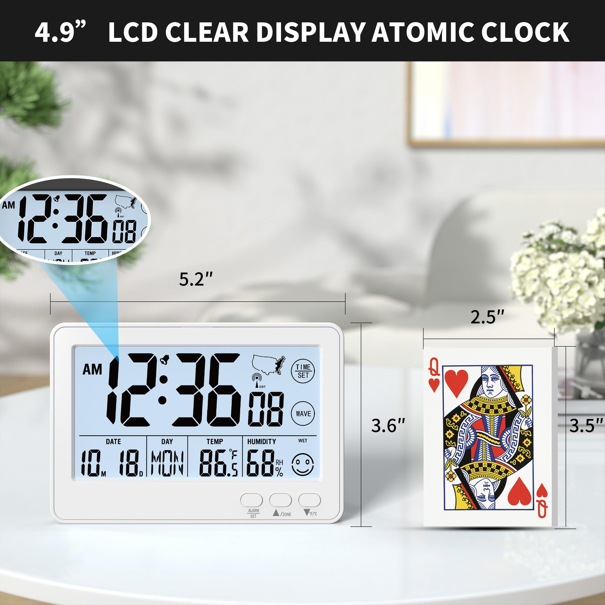 KJMOPRO Small Desk Atomic Clock, Auto Set Digital Desk Clocks with Temperature, Humidity and Date, Alarm Clock for Bedroom, Office, 4 Time Zone, (White)