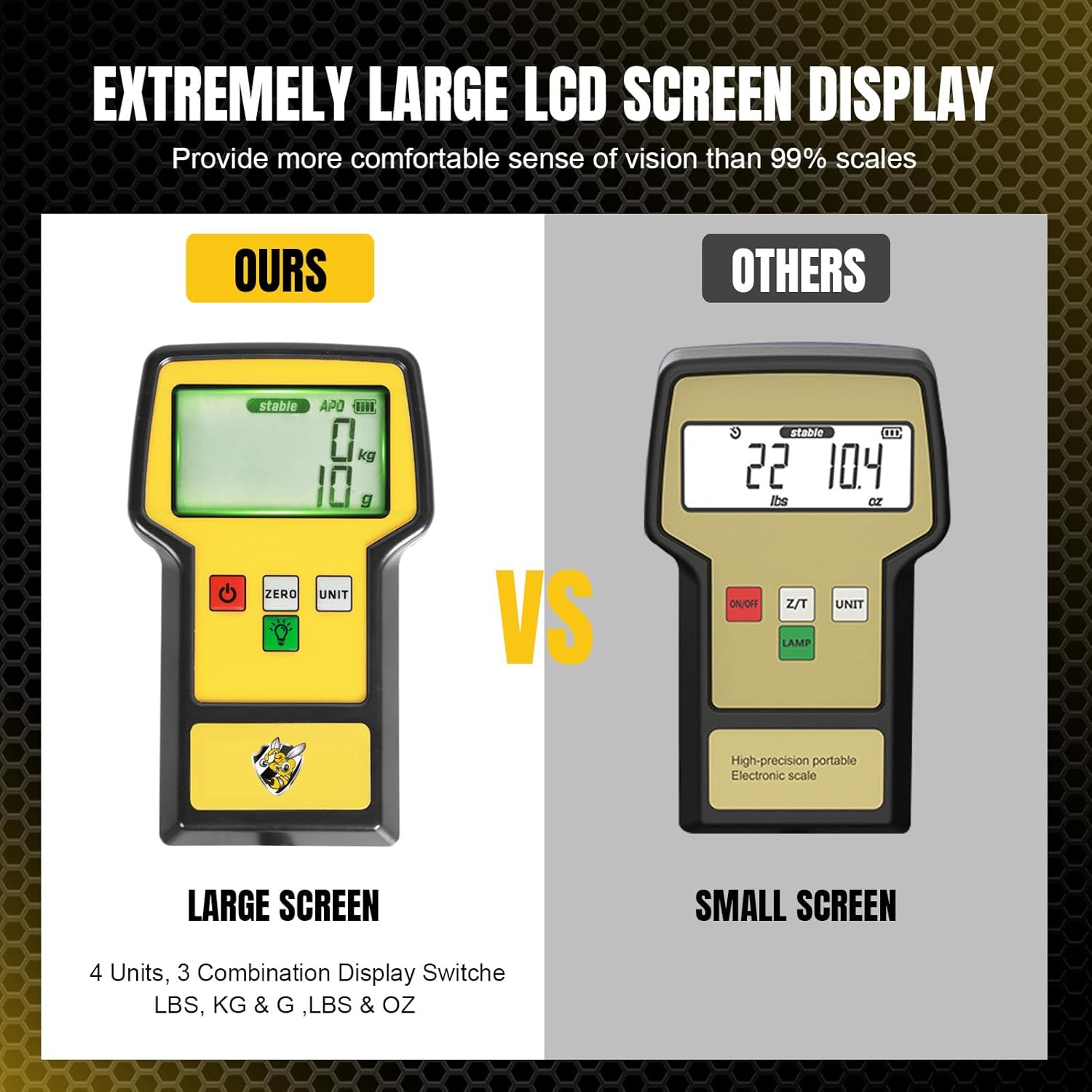 Comparison image showing the large LCD screen of the YELLOW JACKET scale next to a smaller, less clear display of another scale.