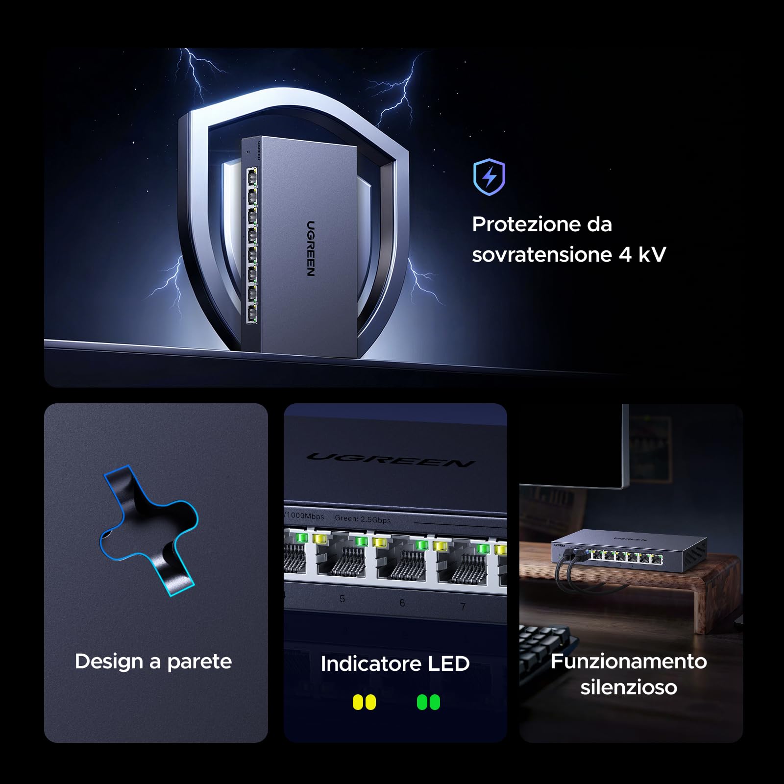 UGREEN Switch Ethernet 2.5G 8 Porte Duplex Plug and Play Non Gestito | Hub RJ45 100/1000/2500Mbps per PC NAS Server Router Monitor Console di Gioco Video 4K/8K