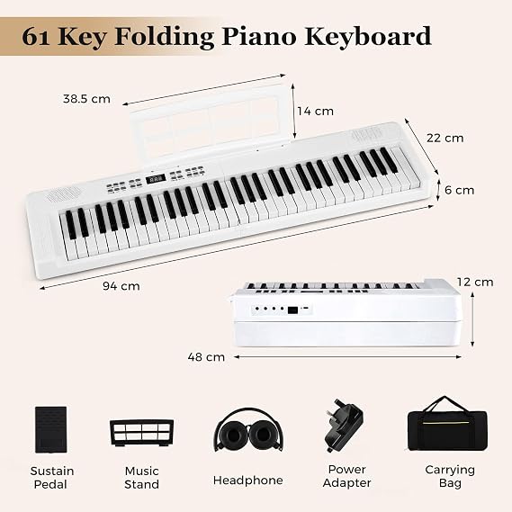 COSTWAY 61 Key Folding Digital Piano Keyboard, Portable Full Size Electric Piano with MIDI & Split Function, Headphone, Sustain Pedal, Carrying Bag, for Beginners, Kids, Adults (White)