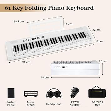 COSTWAY 61 Key Folding Digital Piano Keyboard, Portable Full Size Electric Piano with MIDI & Split Function, Headphone, Sustain Pedal, Carrying Bag, for Beginners, Kids, Adults (White)