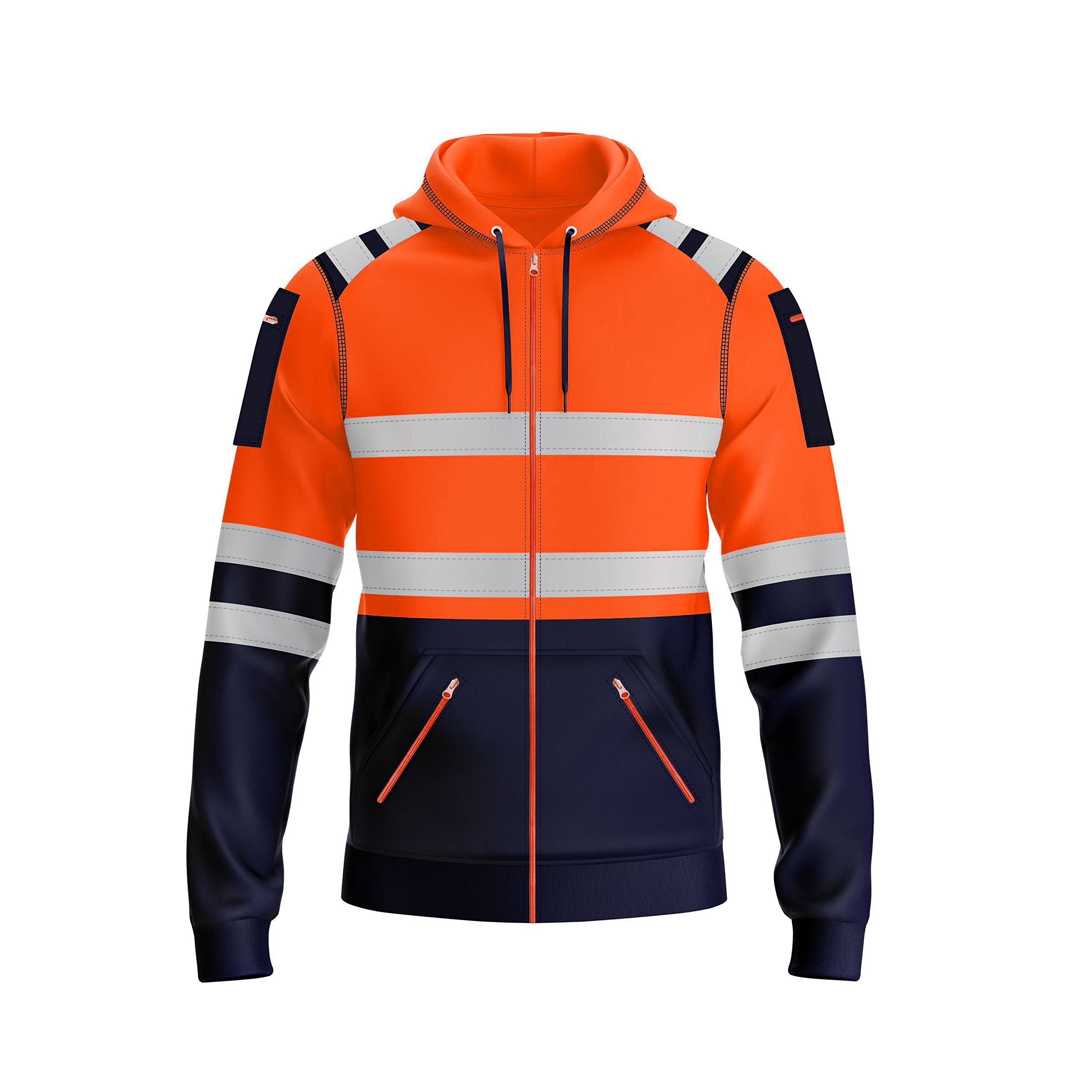 Mens Hi Vis Zipper Hoodie Sweatshirt Safety Work High Viz Reflective Tape Multi Zipped Pockets Hoodie Yellow Orange High Visibility Sweatshirt Top