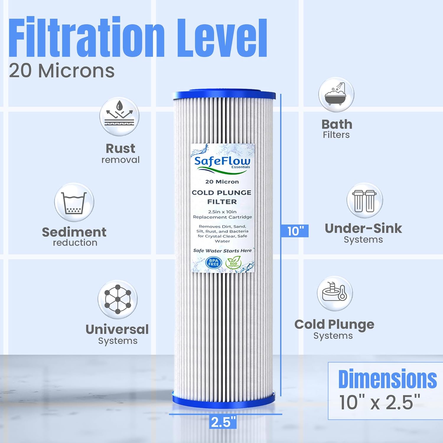 10in Ice Bath Chiller Filters 20 Micron 10" x 2.5" Water Filter Replacement Cartridge – Fits Ice Pod Cold Plunge Water Chiller, Cold Plunge Filters, Water Filter for Cold Plunge (6)