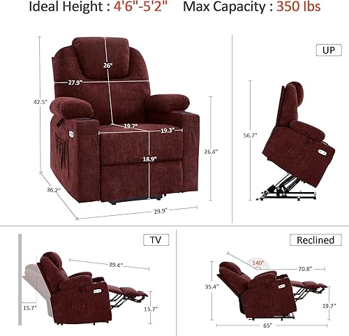 Miniatura 73 de MCombo Silla reclinable pequeña para ancianos, silla elevadora eléctrica pequeña con calor y masaje para personas mayores, portavasos, puertos USB y