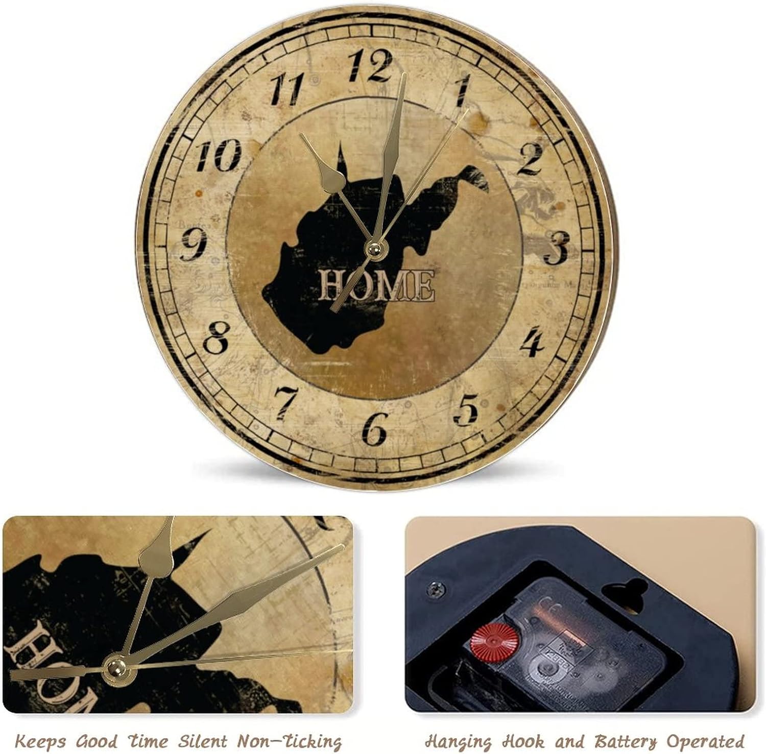 Vintage West Virginia State Map Wooden Wall Clock 12inch Wall Clock French Retro American State Home Clock Retro Farmhouse Silent Non Ticking Battery Operated Wall Clocks for Living Room Bedroom