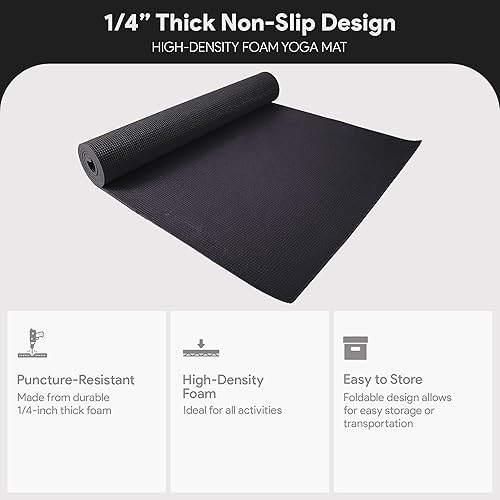 Vista 2 de Fitvids All Purpose 1/4-Inch High Density Anti-Tear Exercise Yoga Mat with Carrying Strap, Multiple Colors Negro