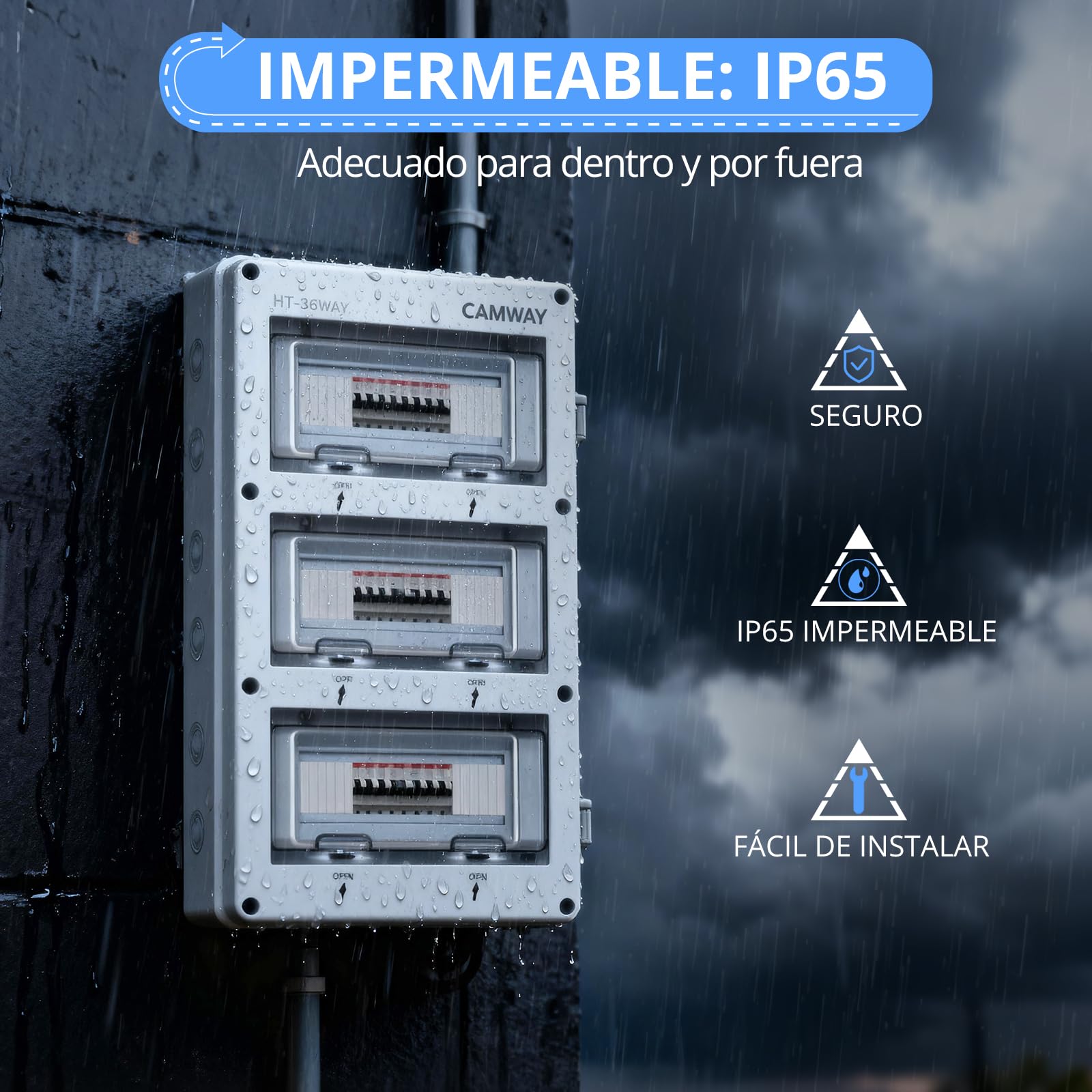 CAMWAY Caja de Distribución de Superficie IP65 de 36 Módulos, Caja Estanca Exterior Electrónica con junta de estanqueidad perimetral y bornas de latón, para Jardín o Areas Exteriores, Certificación CE