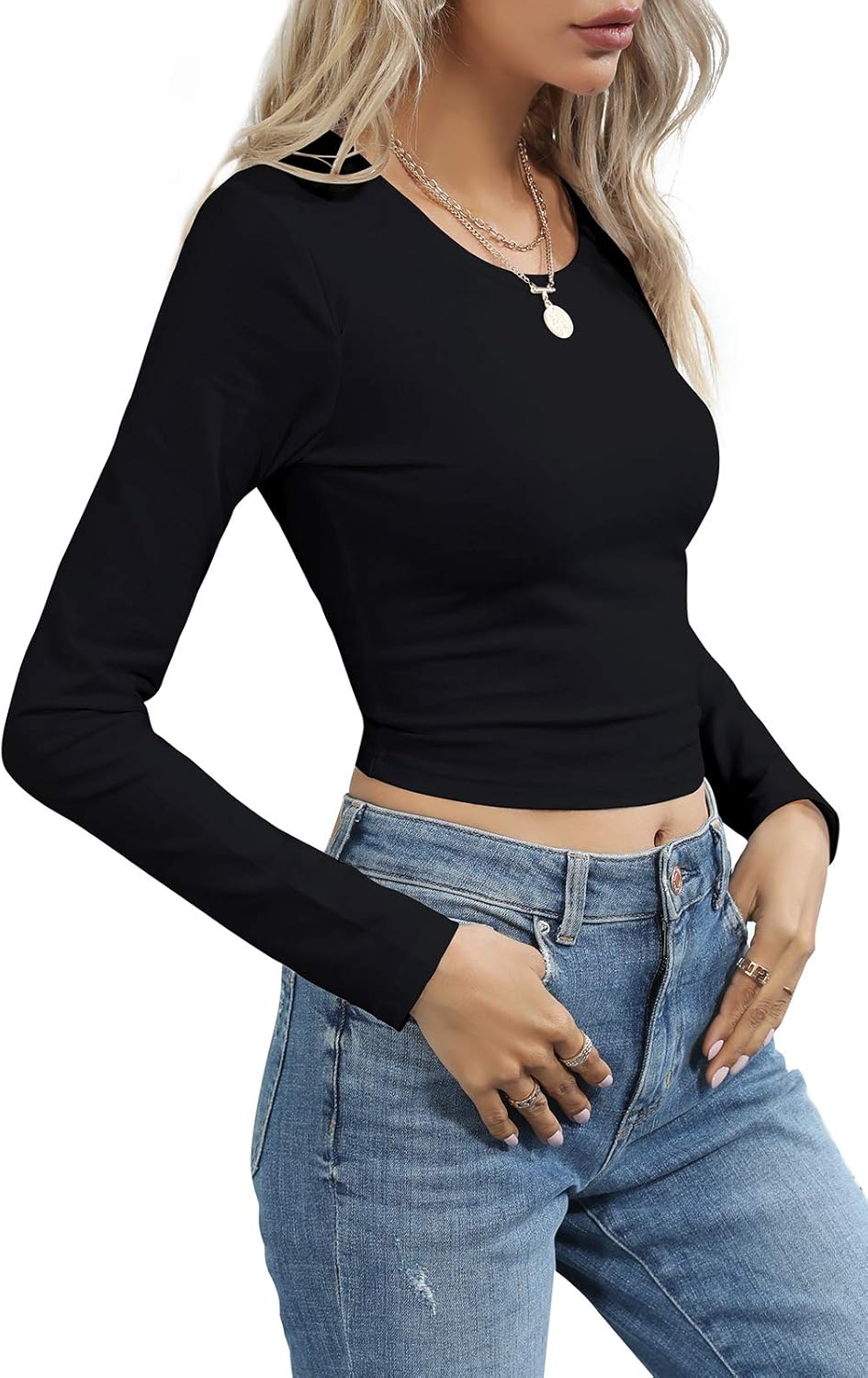 Women's Long Sleeve Crewneck Crop Top Sexy Slim Fitted Cotton T Shirt - Image 5