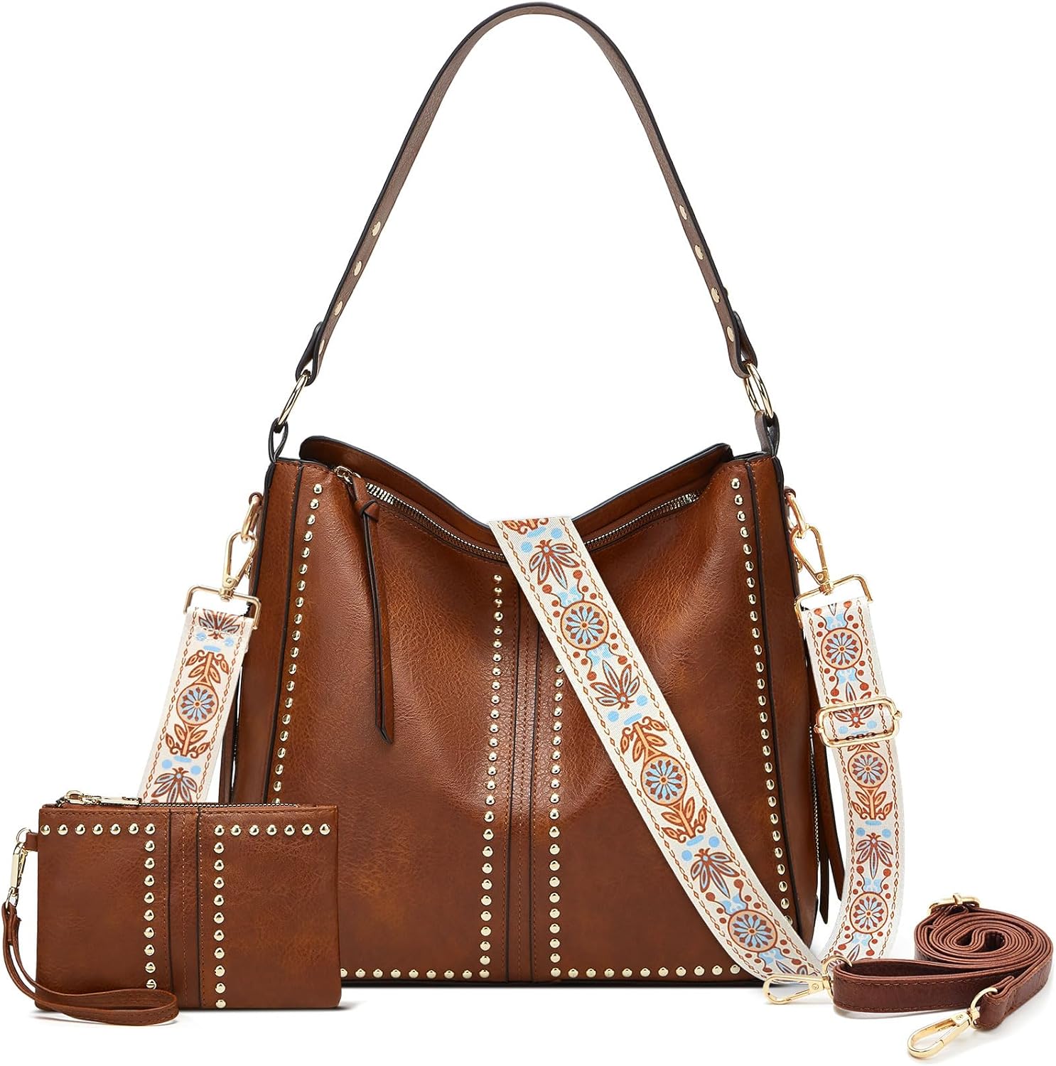 Roomy Hobo Tote Bag for Women, Studded Shoulder Handbag, 2-Piece Set with wallet, Crossbody Purse with Wide Boho Guitar Strap