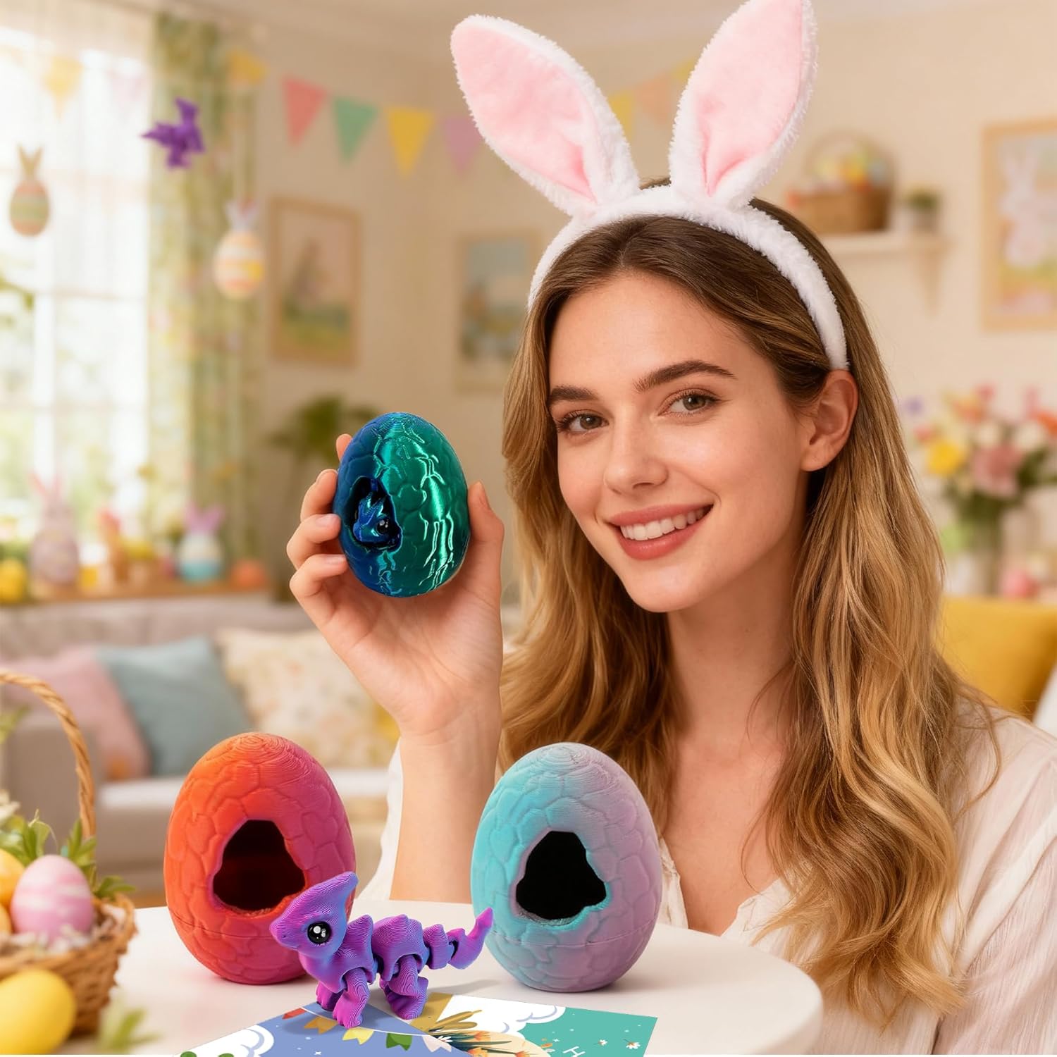 6Pcs 3D Printed Dinosaur Eggs with Dragon Inside, Mini Articulated Animals Dragon Multi-Color Gradient, 3D Printed Animals Easter Basket Stuffers, Birthday Gifts Easter Gifts for Kids