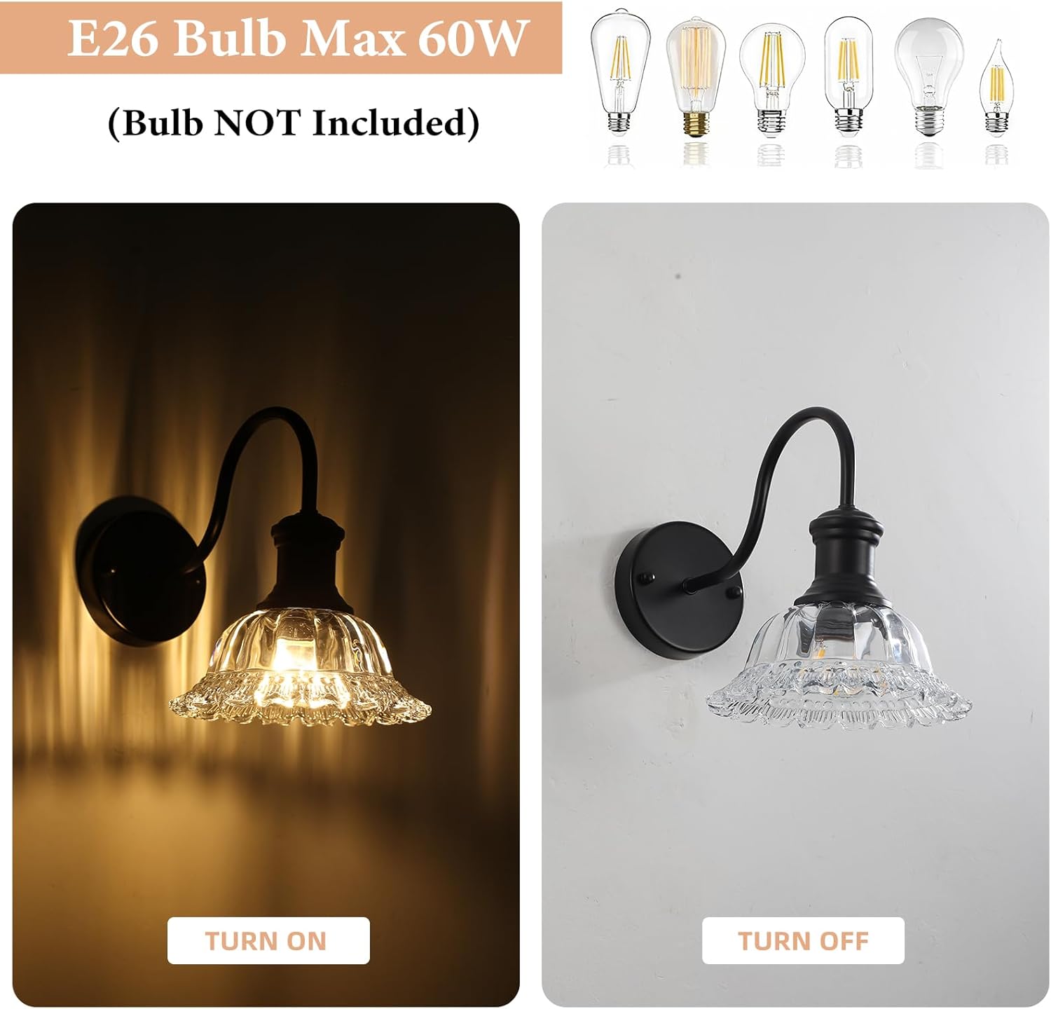 Bathroom Vanity Lights 2 Pack, Black Wall Sconce with Pressed Patterned Glass Lampshade, Farmhouse Wall Light Fixtures for Bathroom, Bedroom, Living Room, Entryway