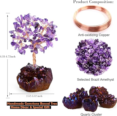 Miniatura 4 de MASGEMES Árbol de la vida con piedras preciosas, amatista natural, racimo de cuarzo y titanio, cristales curativos de energía positiva, equilibrio