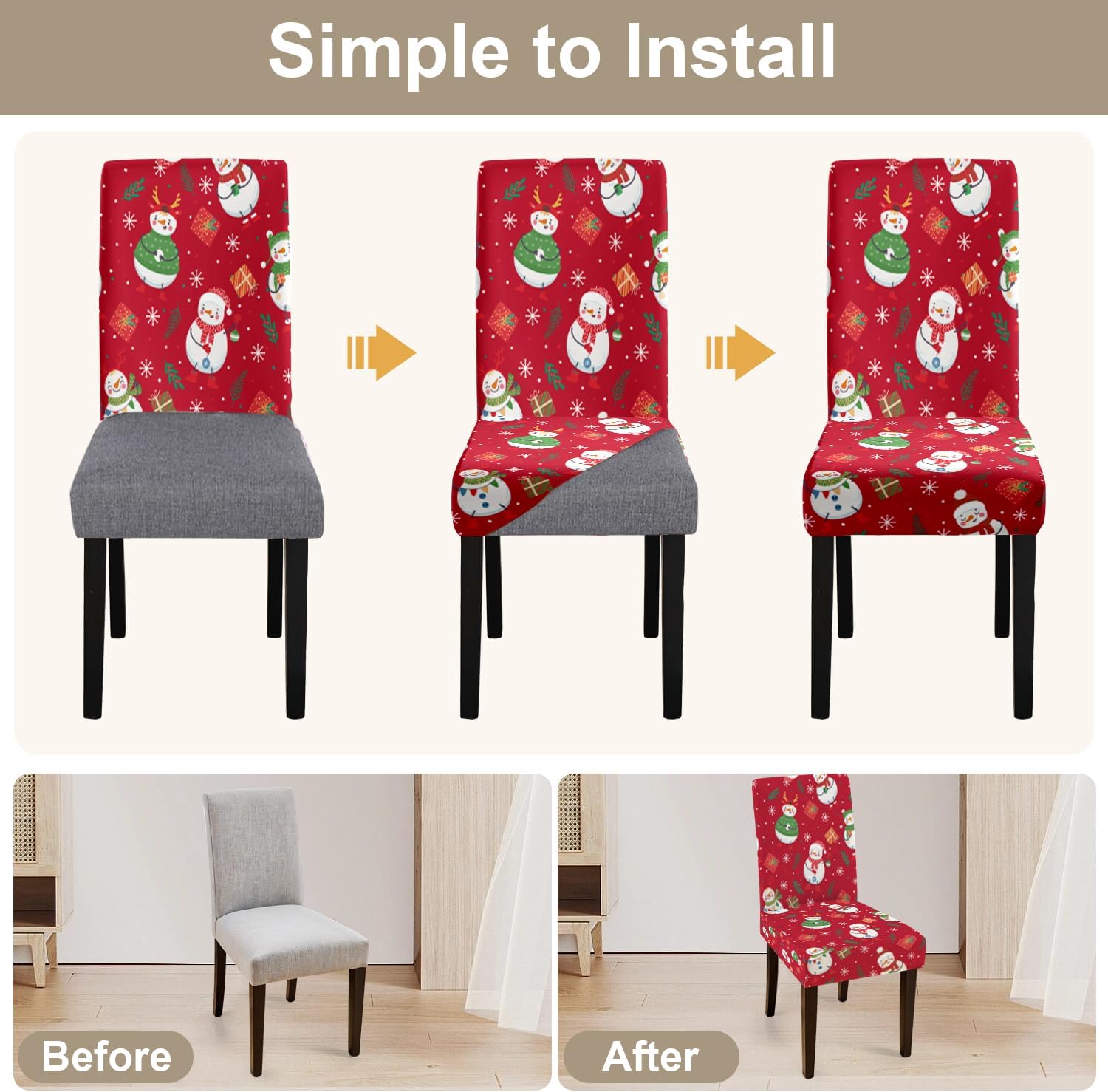 ANNA QUEEN Christmas Chair Cover Set of 4, Red Snowman Holiday Dining Chair Slipcovers, Stretchable Xmas Seat Protectors for Dining Chairs, Christmas Furniture Decoration