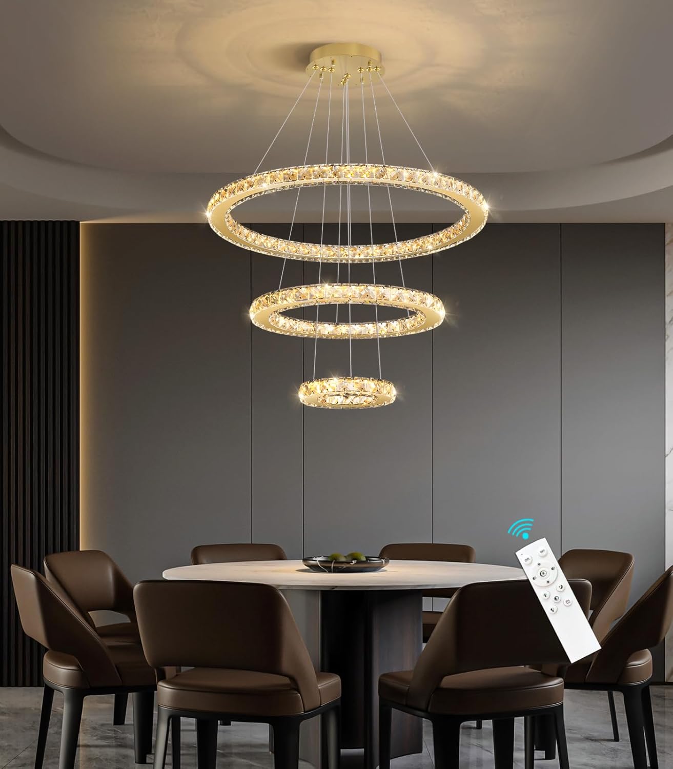 Modern Crystal Chandelier Dimmable LED Ceiling Light Fixture 3 Ring Adjustable Stainless Steel Chandeliers for Dining Room Living Room Bedroom Gold