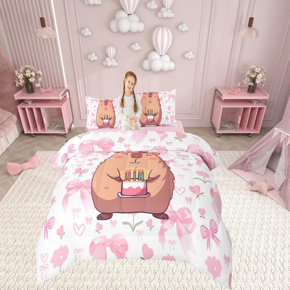 Loussiesd Birthday Double Duvet Cover Happy Capybara Bedding Set for Kids Pink Bow Flower Decor Kawaii Brown Animal Quilt Cover 3Pcs Room Decor โ image 1