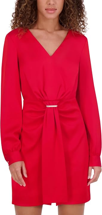 Kensie Womens Long Sleeve V-Neck Waist Embellishment Detail Mini Dress