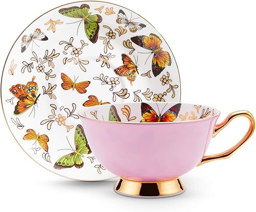Miniatura 5 de LURRIER Taza de café con platillo para café con leche, té de capuchino con mariposas de 6.8 onzas, porcelana de hueso fina, apta para lavavajillas,
