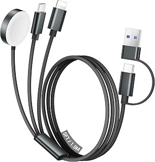 Temdan for Travel Vacation Essentials,3 in 2 USB C Cable for Apple Watch Charger/iPhone 17 Charger/Lightning,Multi Charging Cable Cord,Camping Essentials,Designed for iWatch &iPhone 16-12-5FT Black