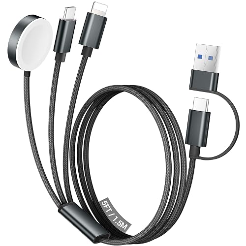 Temdan for Travel Vacation Essentials,3 in 2 USB C Cable for Apple Watch Charger/iPhone 17 Charger/Lightning,Multi Charging Cable Cord,Camping Essentials,Designed for iWatch &iPhone 16-12-5FT Black