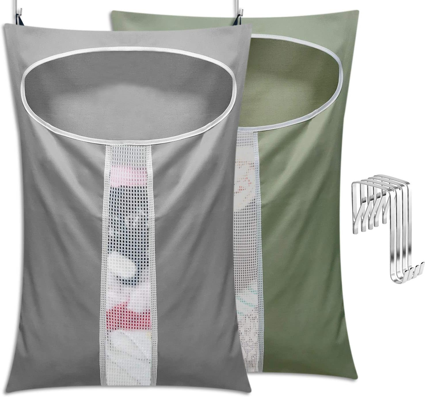 LAMTWEK 2 Pack Door-Hanging Laundry Hamper Bag, Over Door Hampers for Laundry, Door Laundry Basket & Space Saving Corner Laundry Organiser with 4PCS Stainless Steel Door Hooks, Machine Washable Oxford