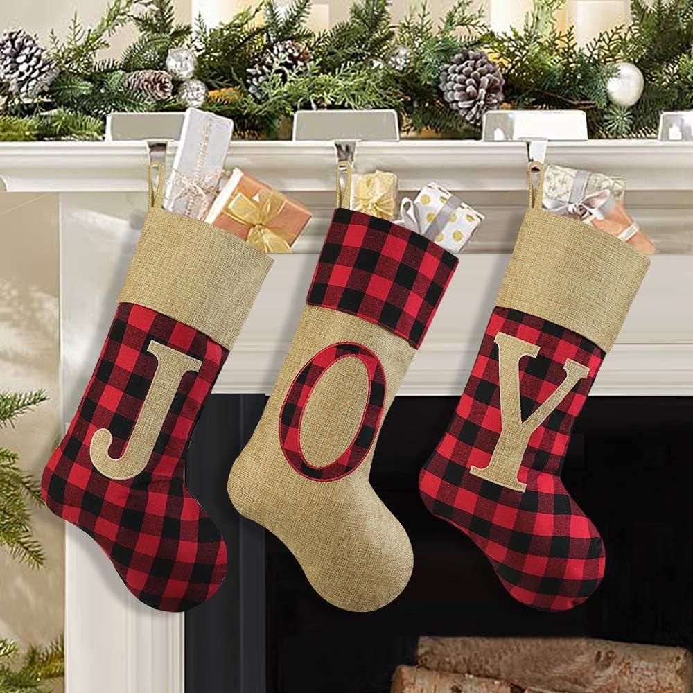 Ivenf Christmas Stockings, 3 Pcs 19 inches Red and Black Buffalo Check Plaid Faux Burlap Joy Stockings, for Family Holiday Xmas Party Decorations Gift