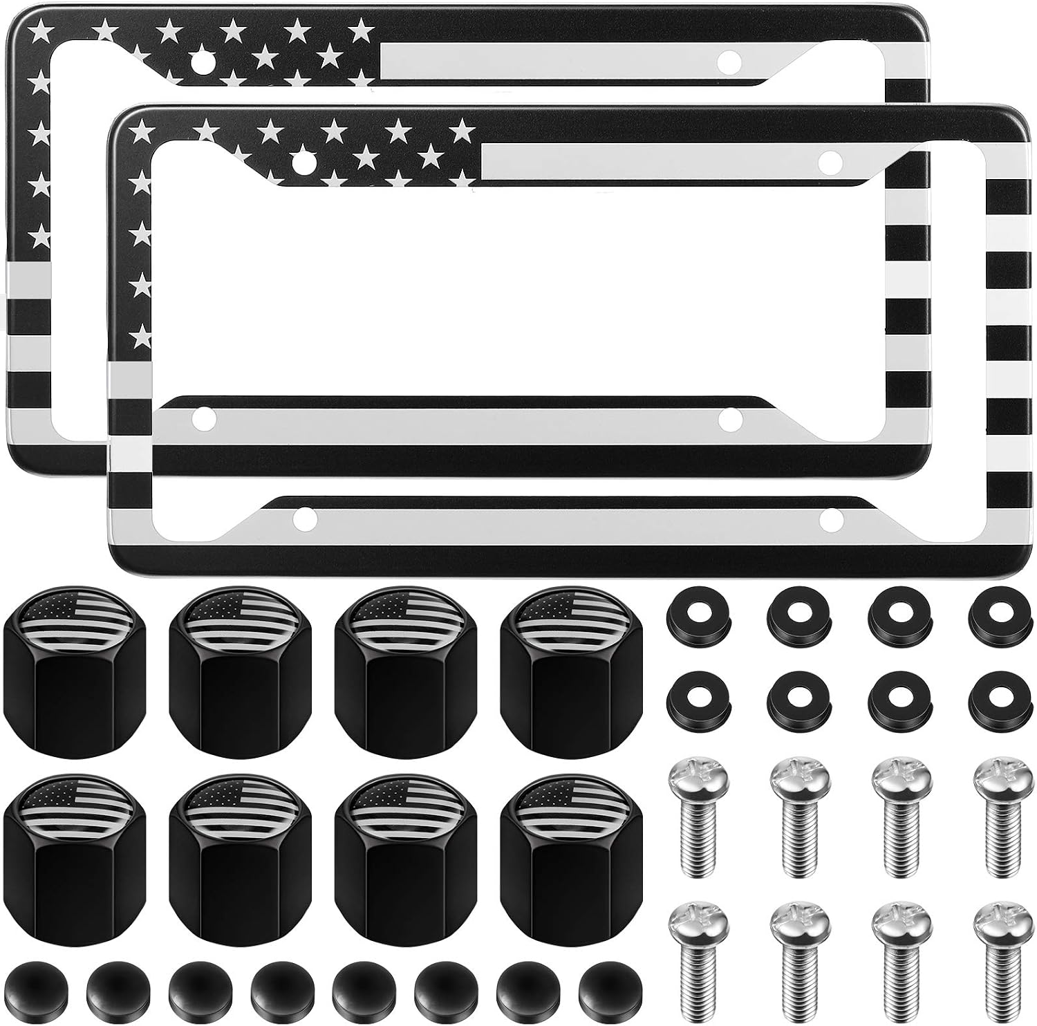 BBTO 2 Pack Lives Matter USA Flag License Plate Cover with 8 Pieces American Flag Tire Valve Stem Caps Aluminum Tie Logo Flag Themed License Plate Holder Novelty Patriotic Auto Car Tag (Gray)