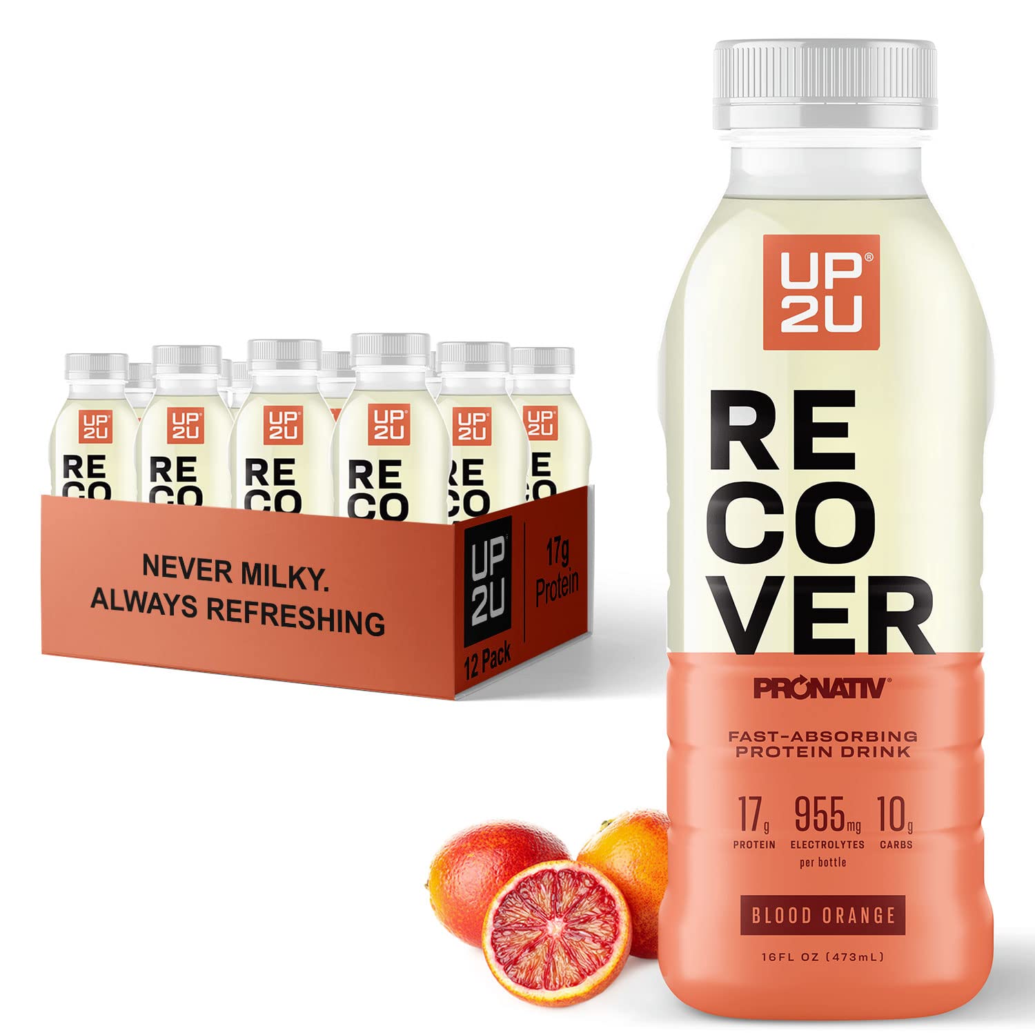 UP2U RECOVER 17g Pure Whey Protein Sports Drink, 955mg Electrolytes, Blood Orange, 16 oz 12 PK | 110 Calories, Water based, Lactose Free, Low Sugar, US Farms, Recovery in 30 Minutes, Backed by Science