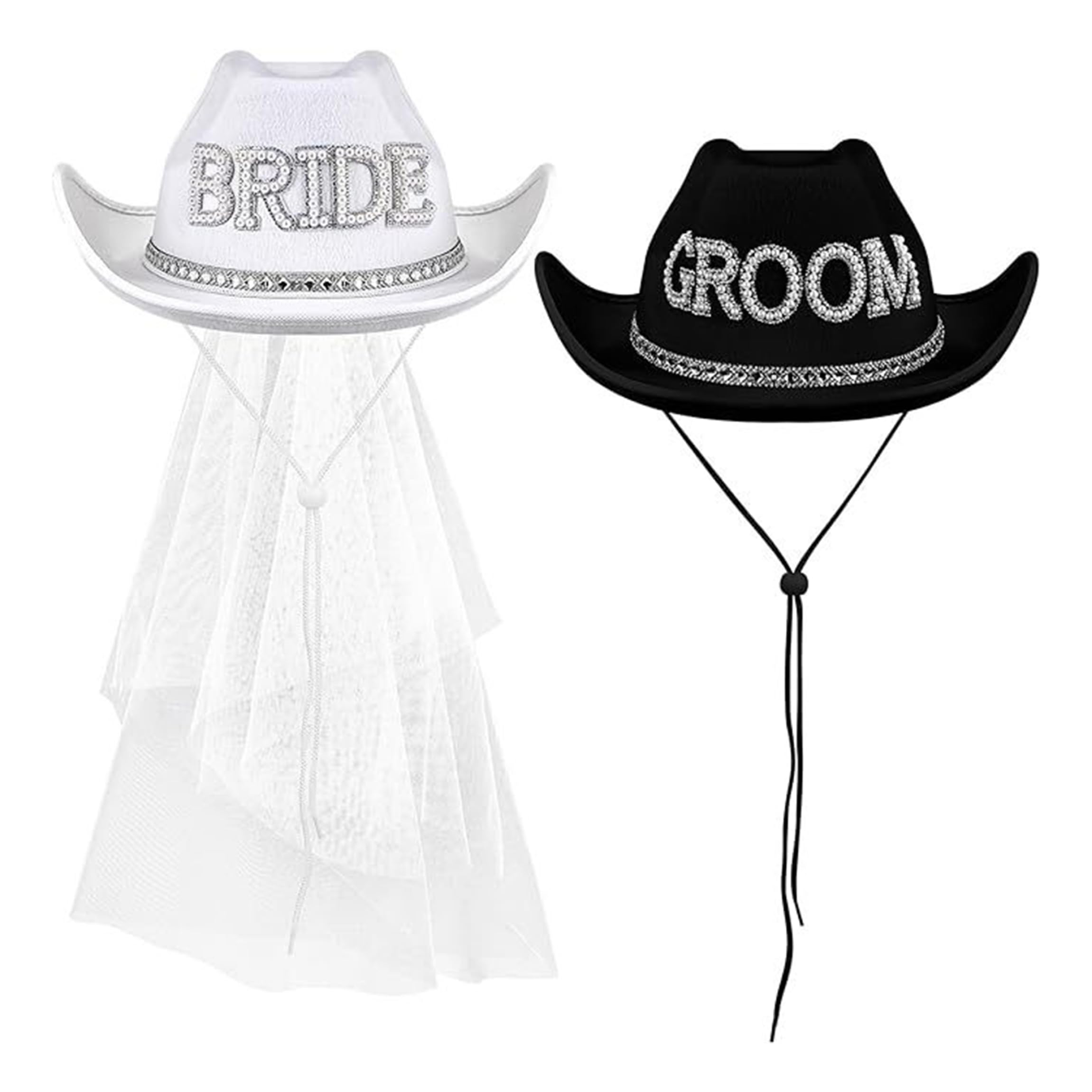 Elyebxj Unisex Black, White Bride Cowboy Hat, 2 Pcs Rhinestone Bride Cowgirl Hat With Veil & Groom Cowboy Hats, Brides And Groom Hats White & Black