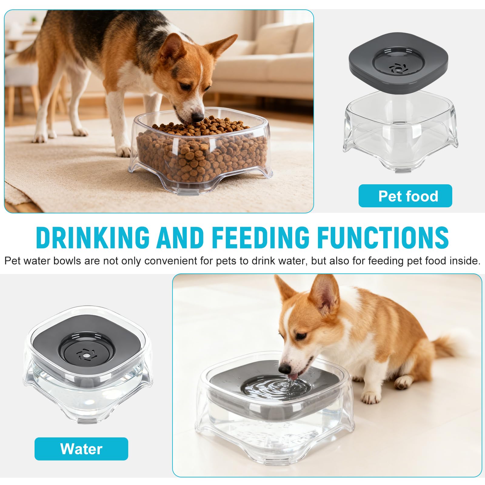 Ciotola dell'acqua per cani con disco galleggiante, 1,8 l, per bere lentamente, anti-troppopieno, anti-soffocamento, senza fuoriuscite, ciotola per animali domestici per cani, gatti, cuccioli, gattini