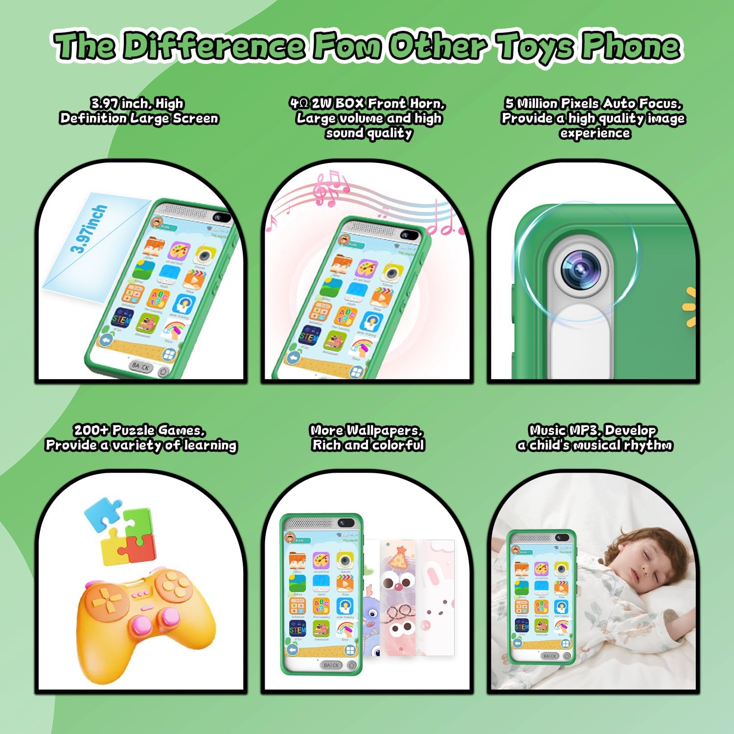 Kids Phone for Boys, Dinosaurs Gift Toys with 3.97" Touchscreen Phone, Learning Music Puzzle-Games Toddler Phone for Ages 3-12, Kids Toys Play Cell Phones with Dual Camera, 8G SD Card (Green)
