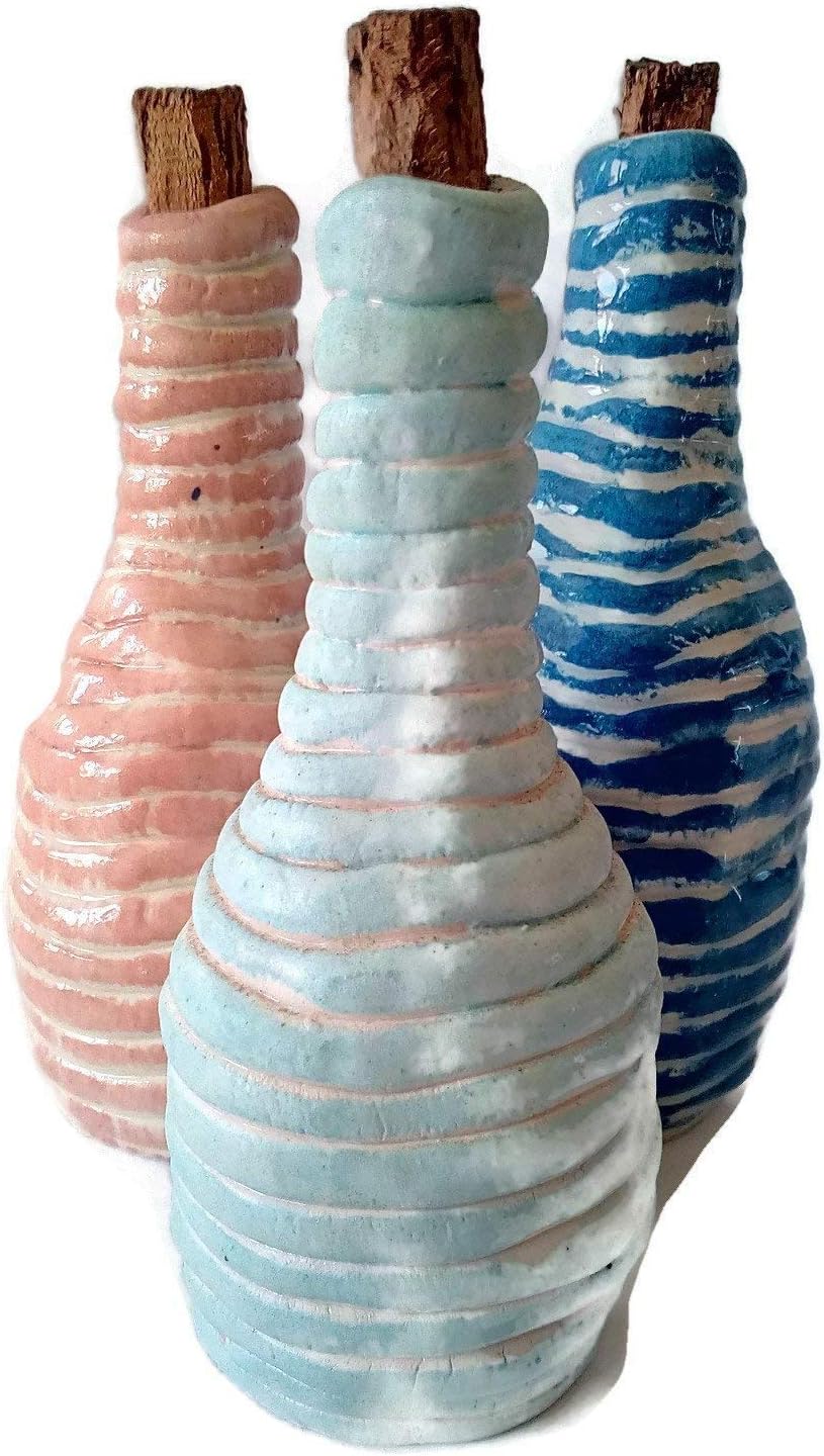 Handmade Turquoise Decorative Ceramic Bottles With Cork Stoppers, Portuguese Handmade Clay, Eclectic Home Decor Accents