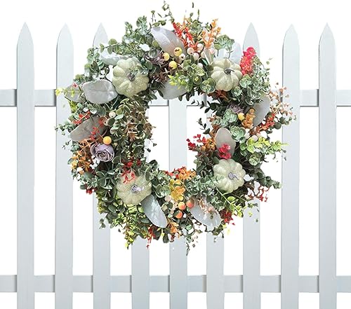 Miniatura 5 de Corona de calabaza blanca, corona de eucalipto de otoño de 15.7 pulgadas, coronas de puerta de calabaza, corona de otoño artificial, corona de otoño