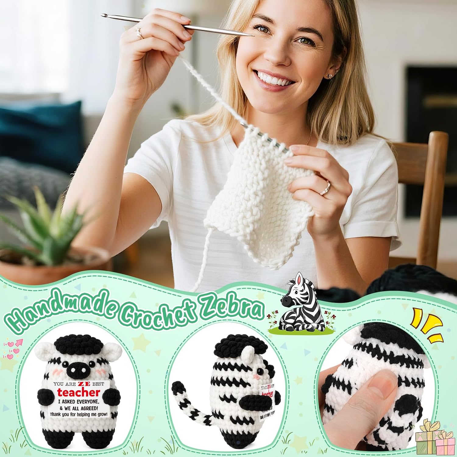 Teacher Appreciation Gifts - Teacher Gifts for Women Funny Handmade Crochet Zebra for Teachers Mentors Professors Tutors Teachers Appreciation Week Thank You Gifts for Women Cheer Up Support image 3