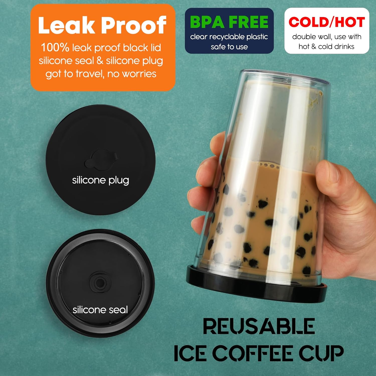 ALINK Reusable Iced Coffee Cup with Lid and Straw, 24 oz Boba Tea Smoothie Cup, Leak Proof Double Wall Insulated Iced Coffee Tumbler for Hot Cold Drinks, Bubble Tea, With 2 Boba Straws 1 Brush - Image 4
