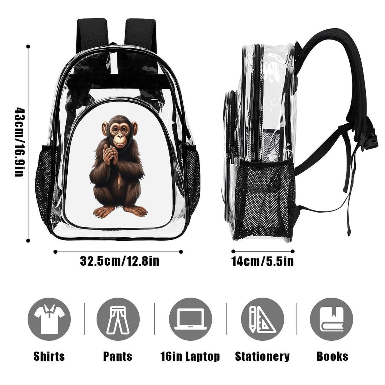 Sitting Monkey Transparenter Rucksack, groß, transparent, PVC, Büchertasche für Sicherheit, Arbeit, Reisen, Stadion