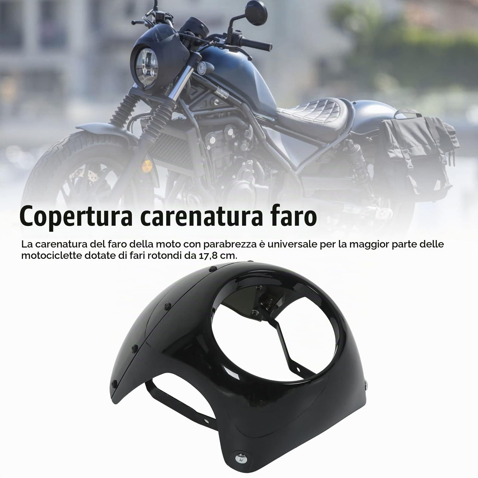 Parabrezza per moto, cupolino 7 pollici ABS universale antietà antiusura per la maggior parte dei motocicli(Nero lucido)
