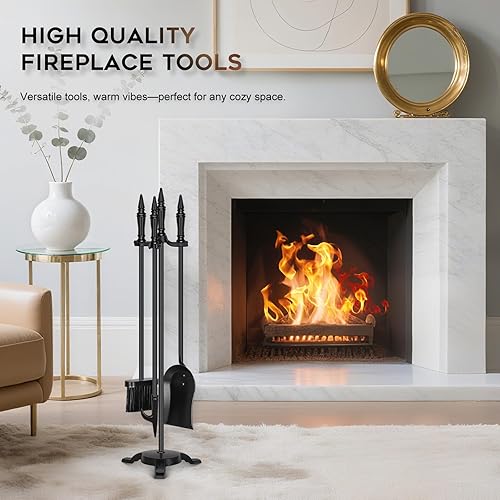 Miniatura 7 de FEED GARDEN Juego de 4 herramientas para chimenea de hierro forjado para interiores y exteriores, de 31 pulgadas, accesorios negros para chimenea
