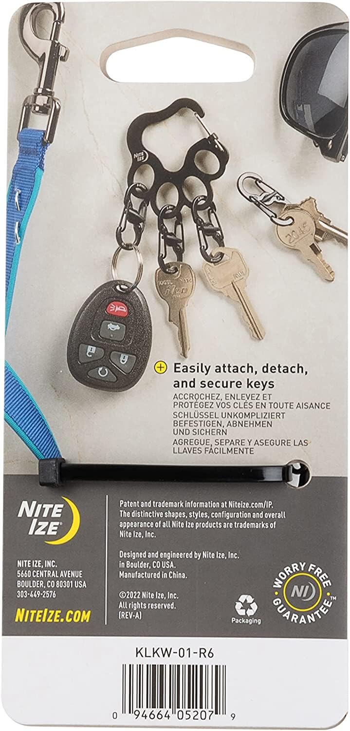 Nite Ize KLKW-01-R6 stojak na klucze z odcisk łapy, karabińczyk blokujący ze stali nierdzewnej z 4 mikrozamkami, łatwe dodawanie i wyjmowanie stojaków na klucze, czarny