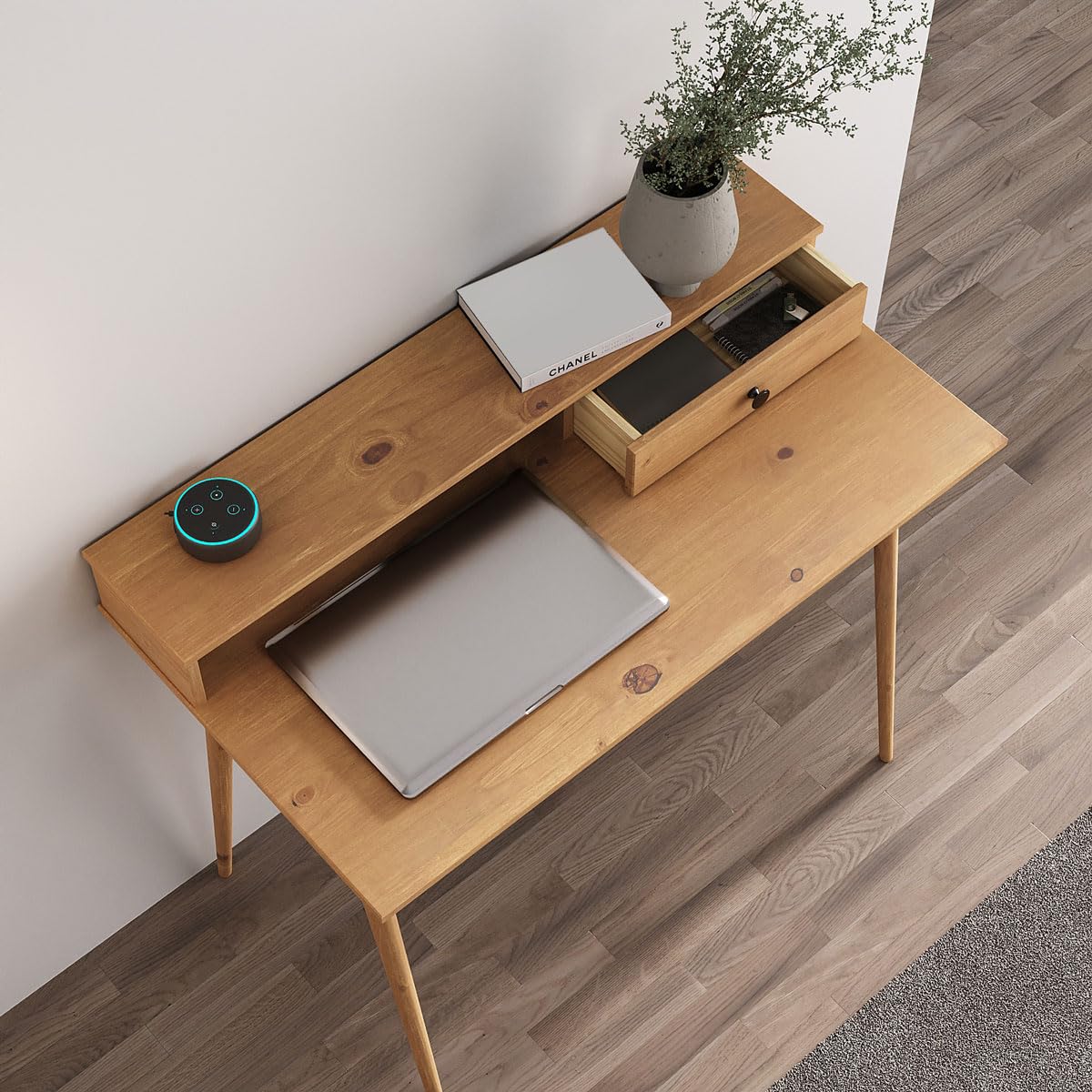 IDIMEX Schreibtisch Malina mit Aufsatz & Schublade aus Kiefer Massivholz, Eiche Farben- Bürotisch mit Stauraum & konischen Beinen, Stabiler PC-Tisch aus robusten Materialien