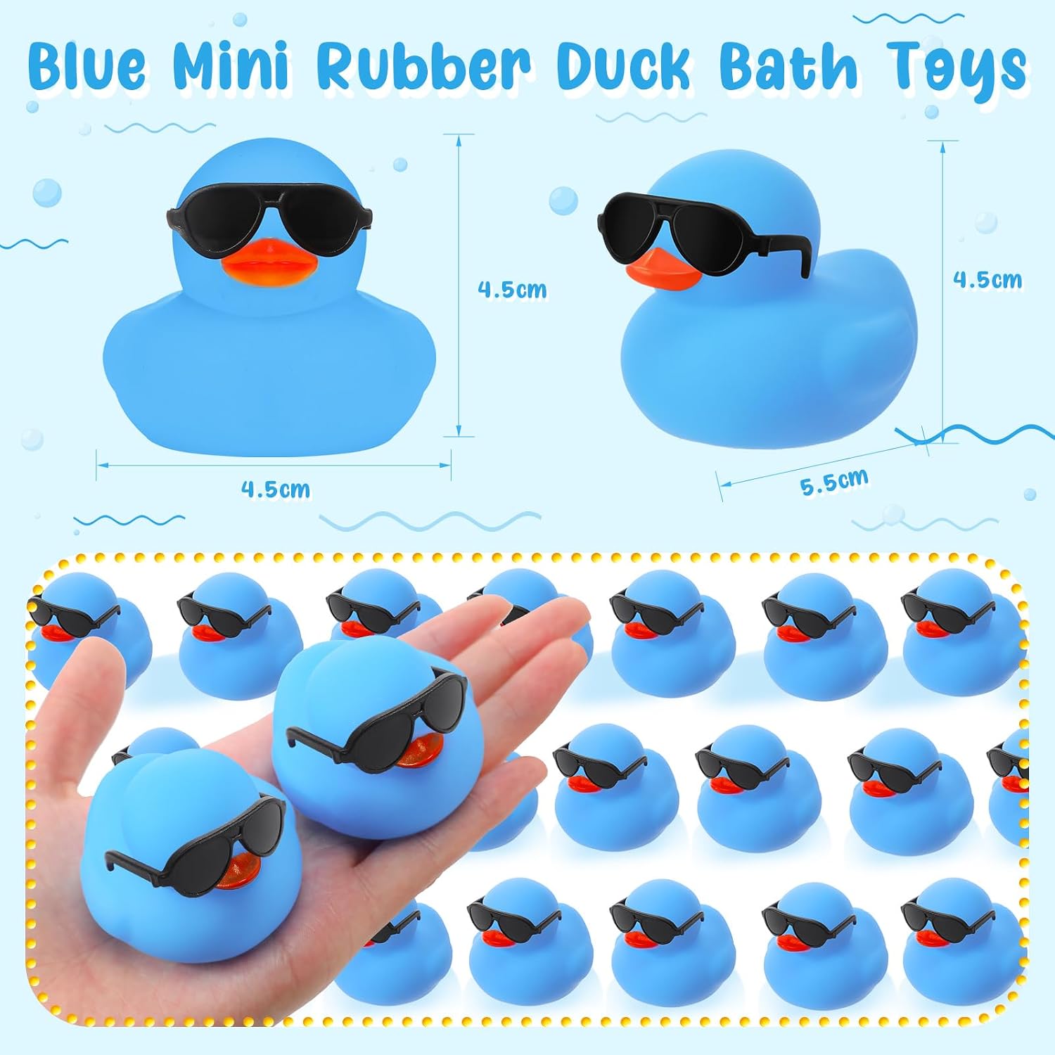 Sosation 48 Pack Mini Rubber Ducks with Sunglasses Sets Squeaky Bath Toys Float Bathtub Duckies for Little One Birthday Party Favors Class Carnival Prizes Car Decor(Blue)