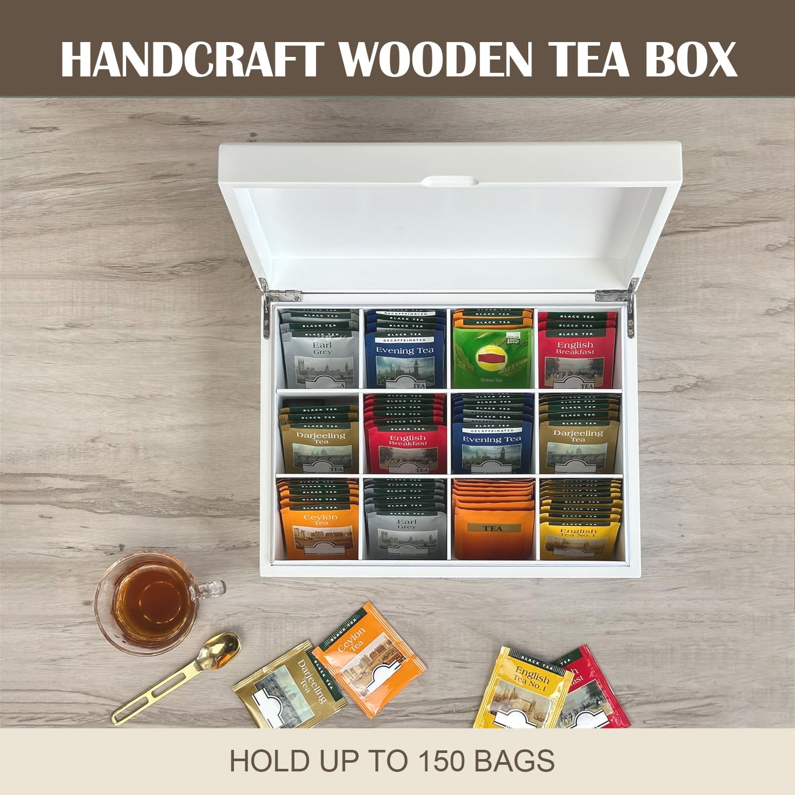 Slege Boîte à Thé en Bois Faite Main,Boîte Thé Blanche à 12 Compartiments,Coffret Thé,Organisateur de Sachets de Thé,Boîte à Café,Boite The Vrac,Organisateur Pour la Maison ou Cadeau,Tea Box