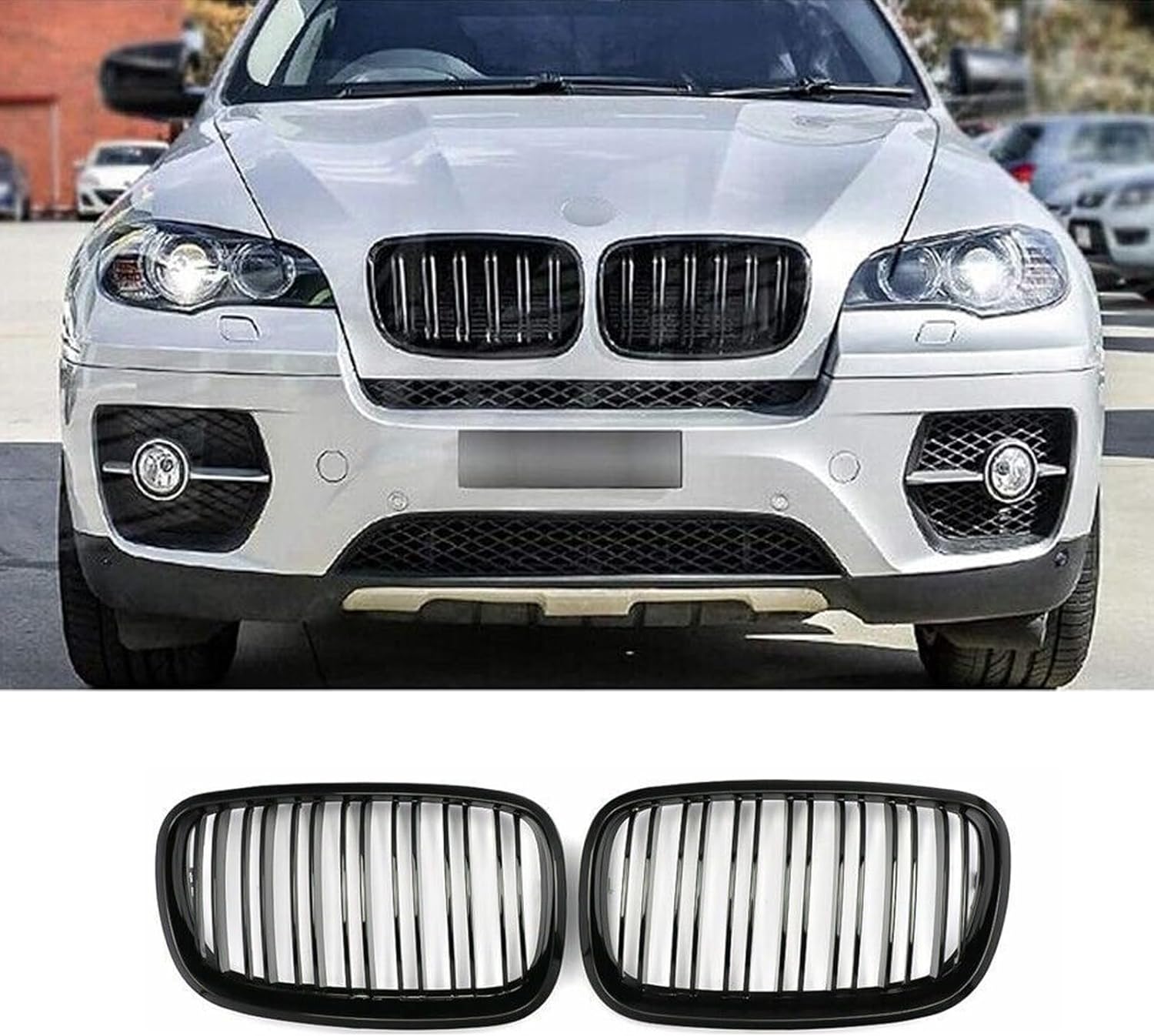 Front Grille Compatible with 2007-2013 BMW X5 E70 2008-2014 X6 E71 Front Kidney Grill ABS Gloss Black with Double Slats